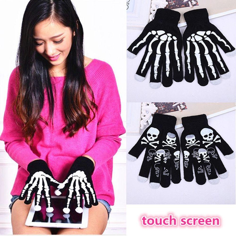 Găng Tay Dệt Kim Unisex Hình Xương Ma Thời Trang Mùa Đông Có Thể Chạm