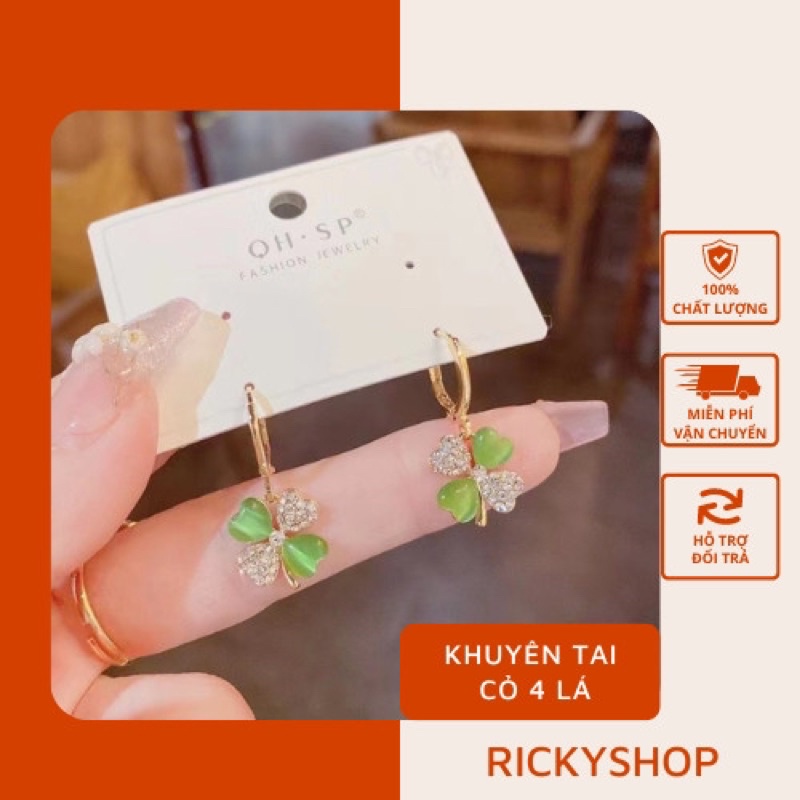 Khuyên tai bạc 925 đính đá hình cỏ 4 lá kiểu dáng lạ mắt độc đáo Phong cách Hàn Quốc