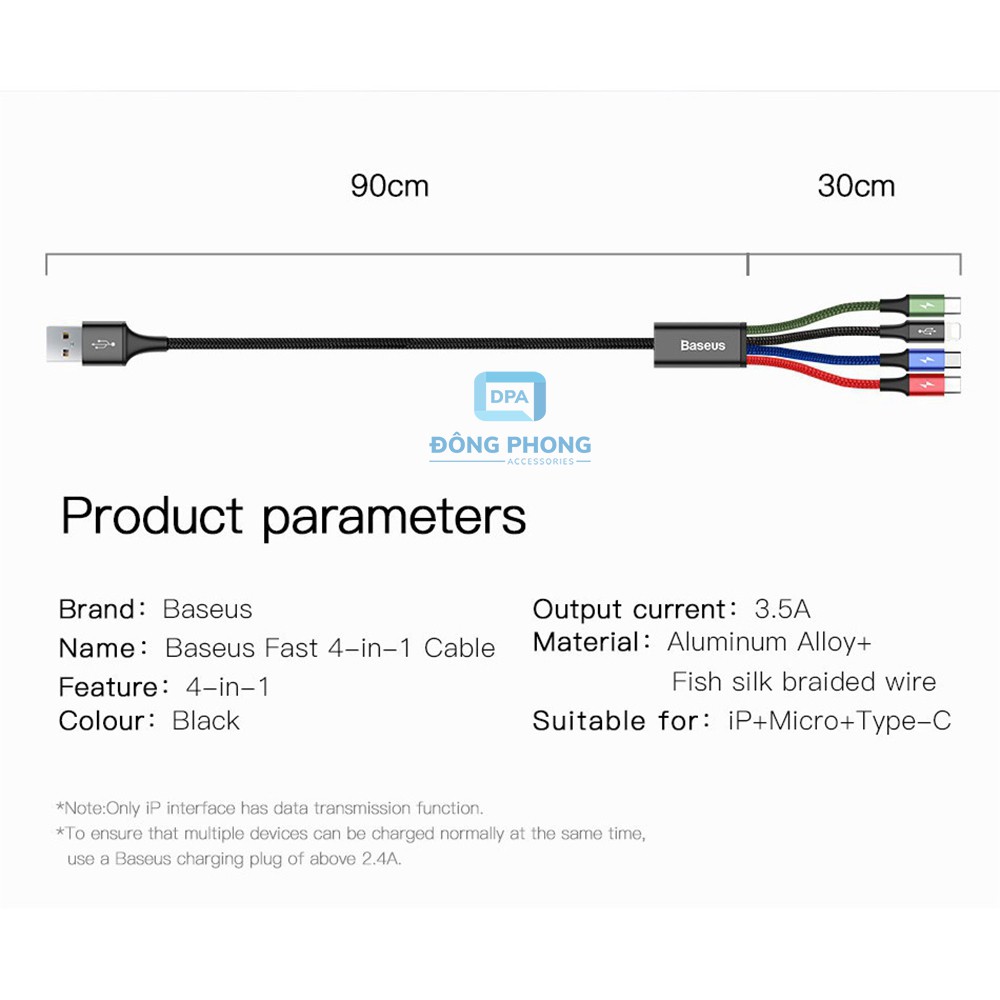 [Mã 2404EL10K giảm 10K đơn 20K] Cáp Sạc Đa Năng Baseus Rapid Series 4 Cổng Chính Hãng