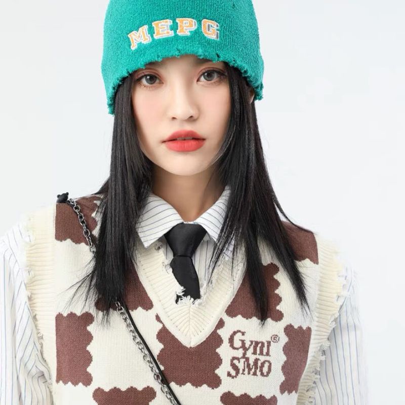 Áo len gile cổ V dáng ngắn croptop họa tiết caro bánh biscuit màu choco sữa có size kiểu Hàn