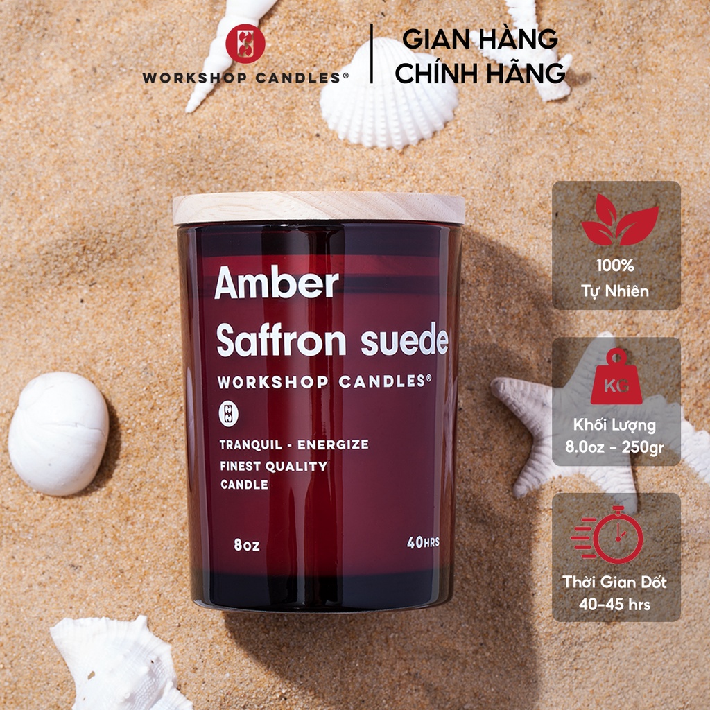 Nến thơm Amber Saffron Suede Workshop Candles H&amp;H Home 8 oz hương ấm áp khử mùi thư giãn