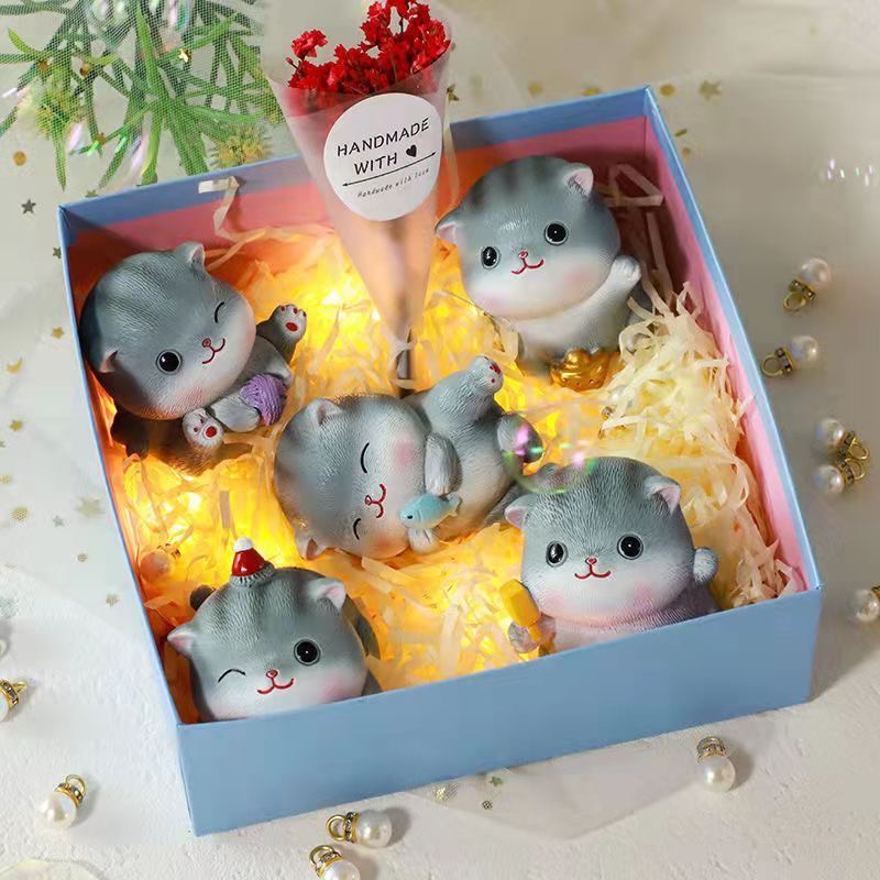 Set mô hình 5 mèo con Ô DECOR, hộp quà tặng tượng mèo decor mini để bàn màu xám full biểu cảm đáng yêu dễ thương