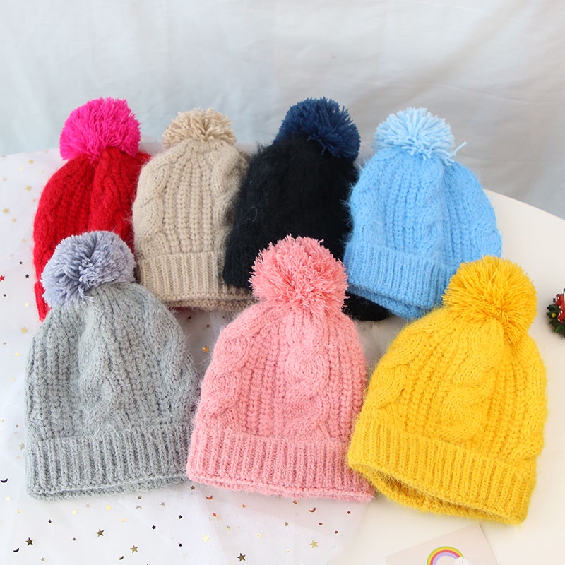 Mũ beanie dệt kim màu trơn đính bóng lông nhiều màu sắc thời trang thu đông cho bé