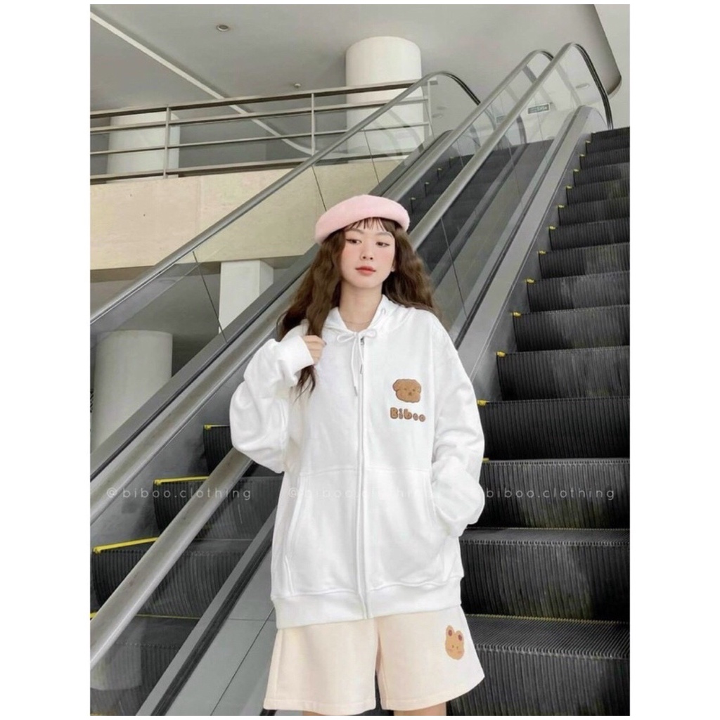 Áo khoác nỉ bomber unisex form rộng khoá kéo có nón hình gấu teddy cho nữ MINA STORE - N.GẤU