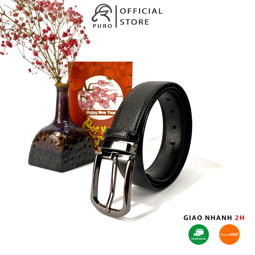 Thắt lưng nam da bò hạt, dây nịt da thật mặt kim đúc đặc - Fullbox  - Puro.store