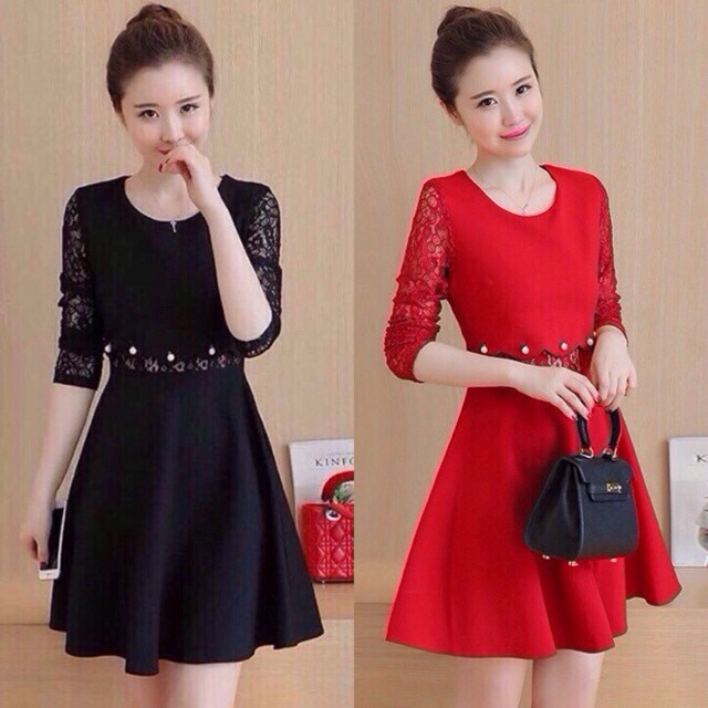 [Kèm ảnh thật] Đầm xoè tay dài phối ren