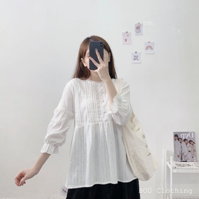 ( Ảnh thật)  Áo babydoll nút bọc trắng