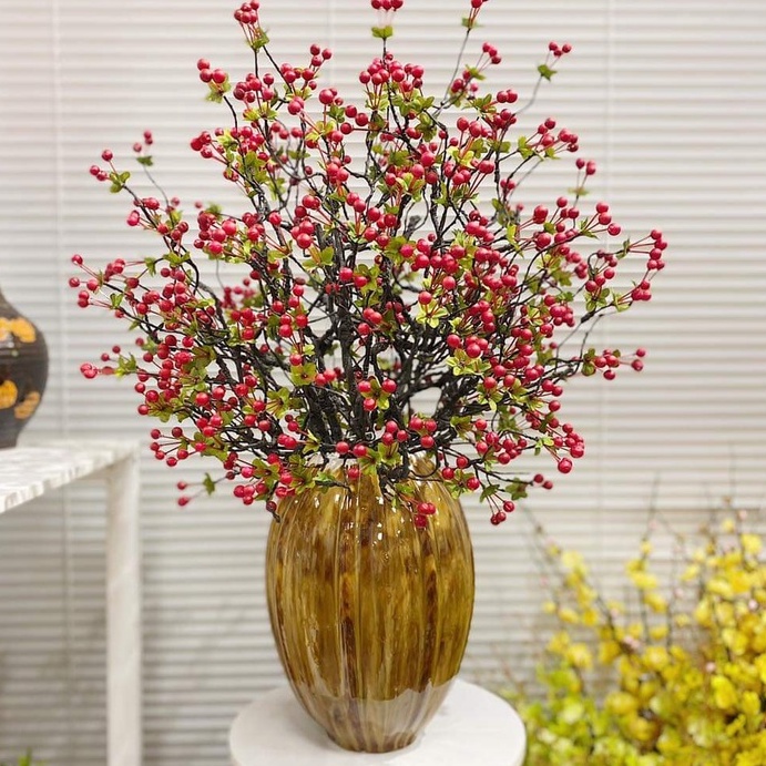 Cành hoa giả, đào đông đỏ, tuyết sơ ri cổ cao cấp, lá táo mốc, ô liu cắm điểm hoa mộc lan, trang trí nhà đẹp