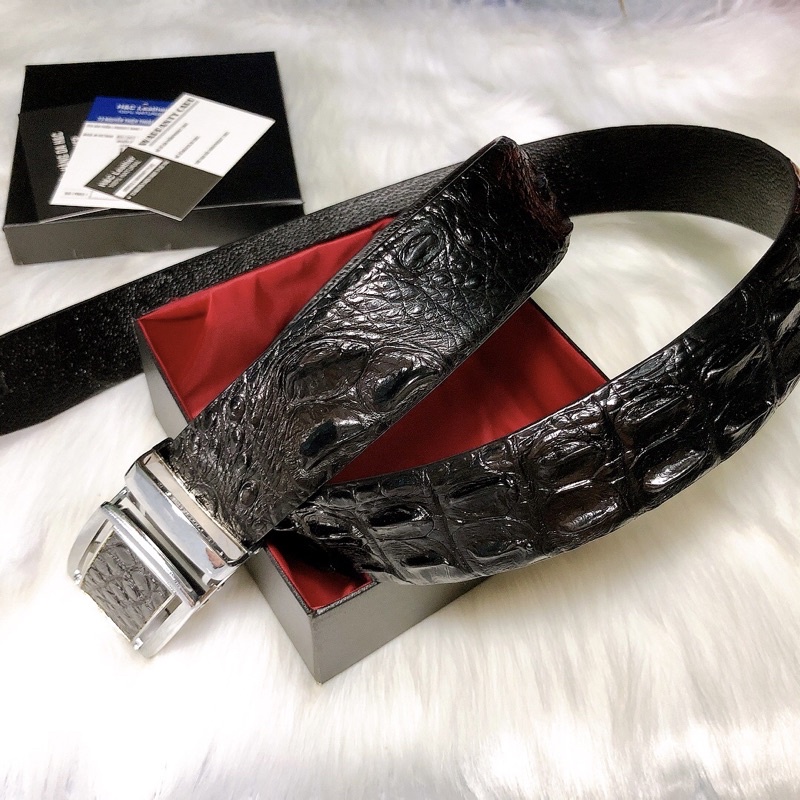 Dây thắt lưng da cá sấu thật, 3.8 cm, màu đen, da lưng cá sấu, đầu nịt tự động