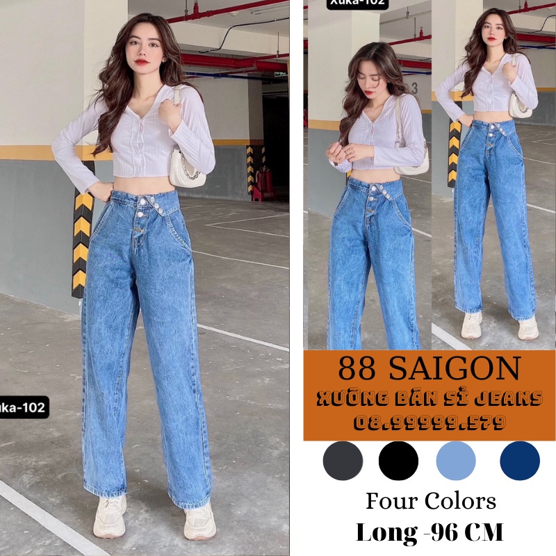 Quần Ống Suông Nữ - Lưng Siêu Cao / Jean Ống Rộng đẹp. Đen,Xanh, Sáng, Xám Rách Gối. Dài 96cm