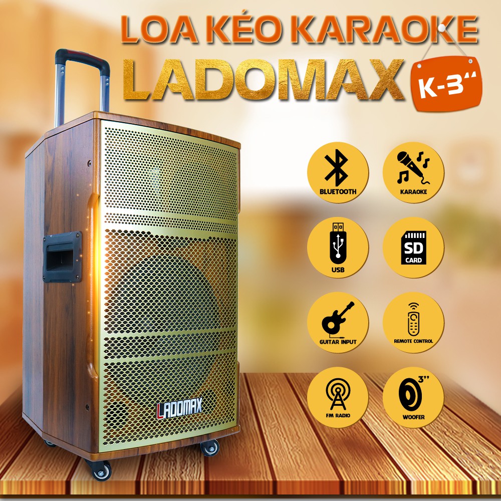 Loa kéo LADOMAX K3 loa không dây bluetooth Loa karaoke xách tay vali loa thùng gỗ lưới vàng