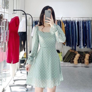 ĐẦM VOAN CHẤM BI XANH TAY PHỒNG NƠ