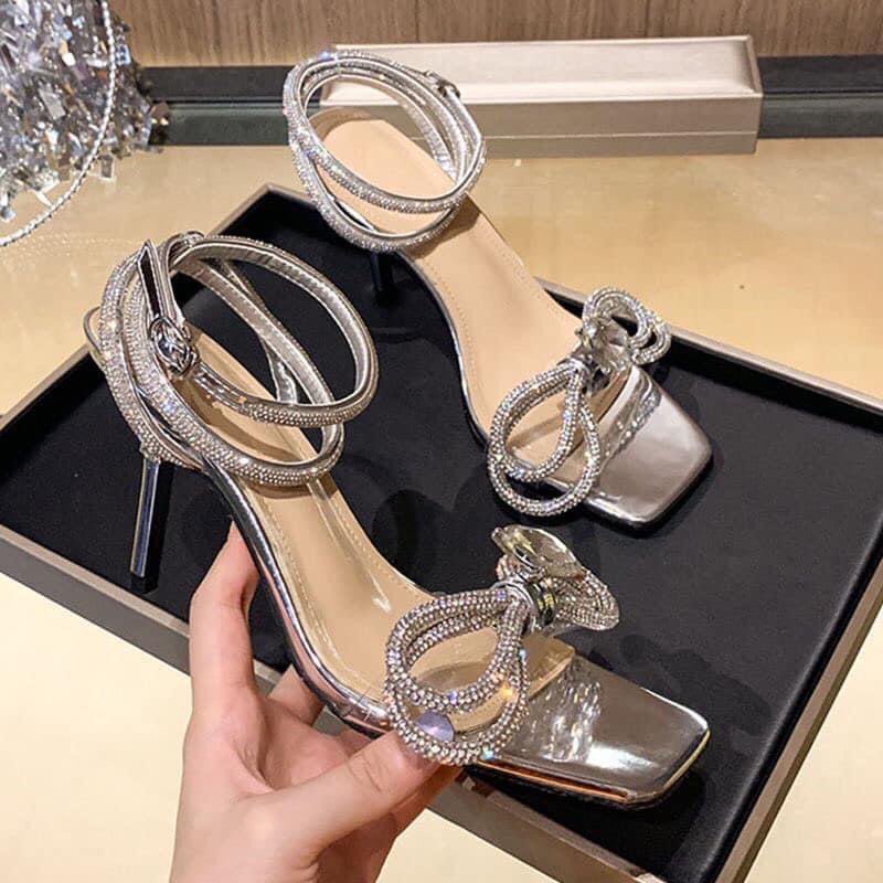 Giầy Sandal Mũi Vuông Nơ Đá Mika Hot Hit Loại 2 Vòng Cổ Chân