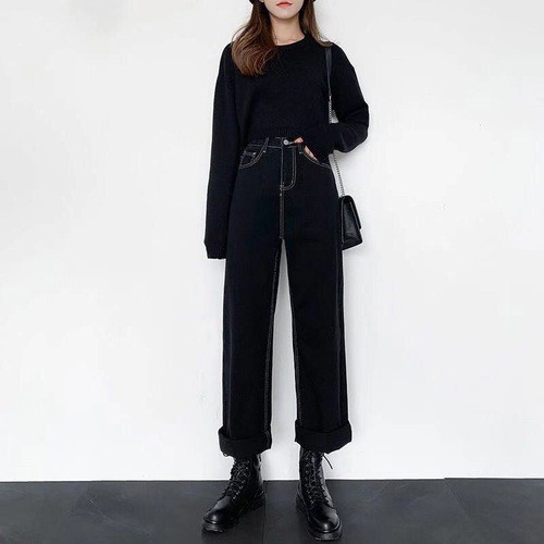 Quần jeans đen nữ dáng suông lưng cao ống rộng line chỉ nổi (ảnh thật)