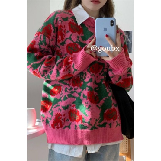 ÁO LEN PHONG CÁCH HONG KONG NAM NỮ UNISEX MÀU HỒNG VINTAGE HOA NHÍ / ÁO LEN DỆT GIỮ NHIỆT TỐT DÁNG THỤNG