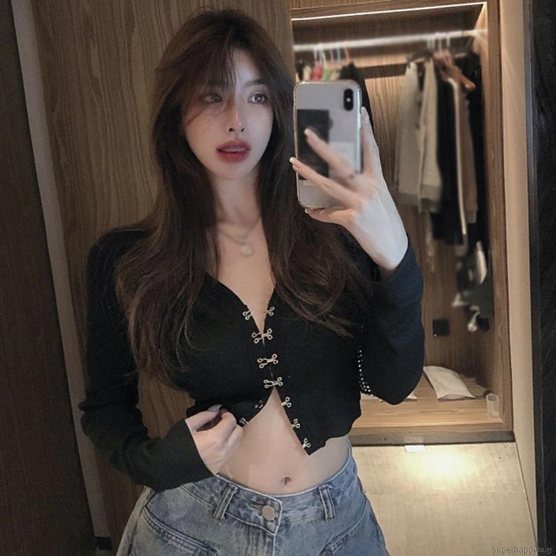 Áo Croptop Tay Dài Thiết Kế Cổ Chữ V Quyến Rũ