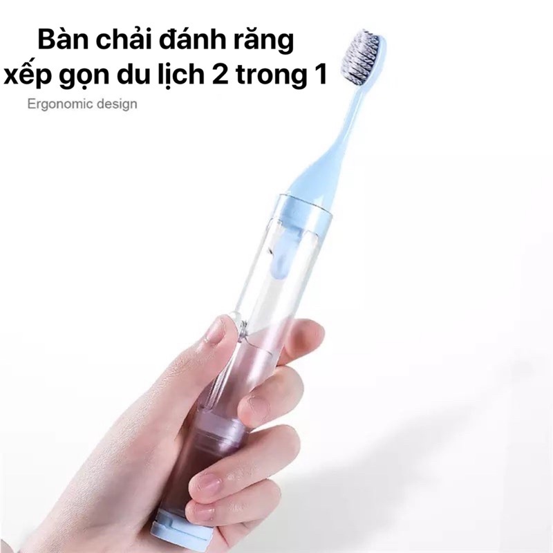 Bàn chải đánh răng xếp gọn du lịch 2 trong 1; có ngăn đựng kem đánh răng