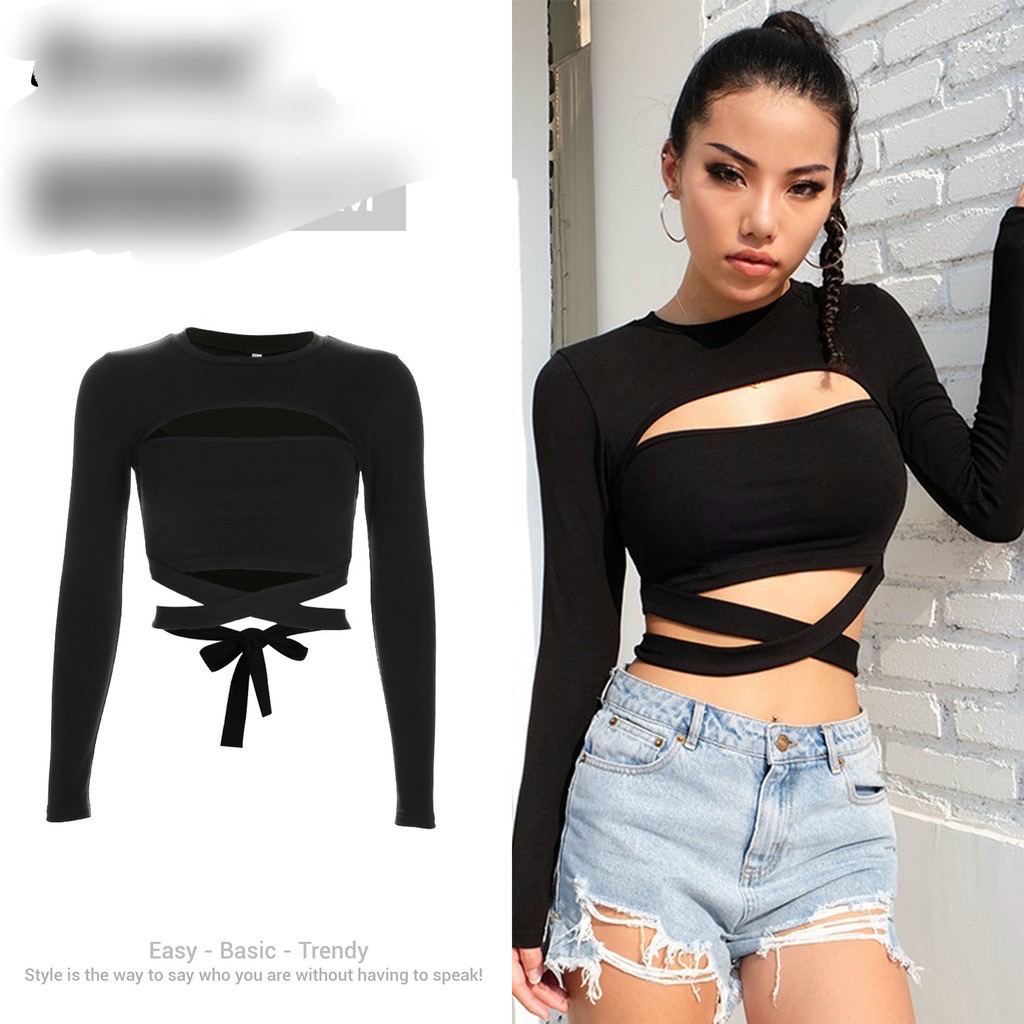 Áo thun croptop body cắt xẻ hở ngực dây đan eo tay dài siêu gợi cảm NA