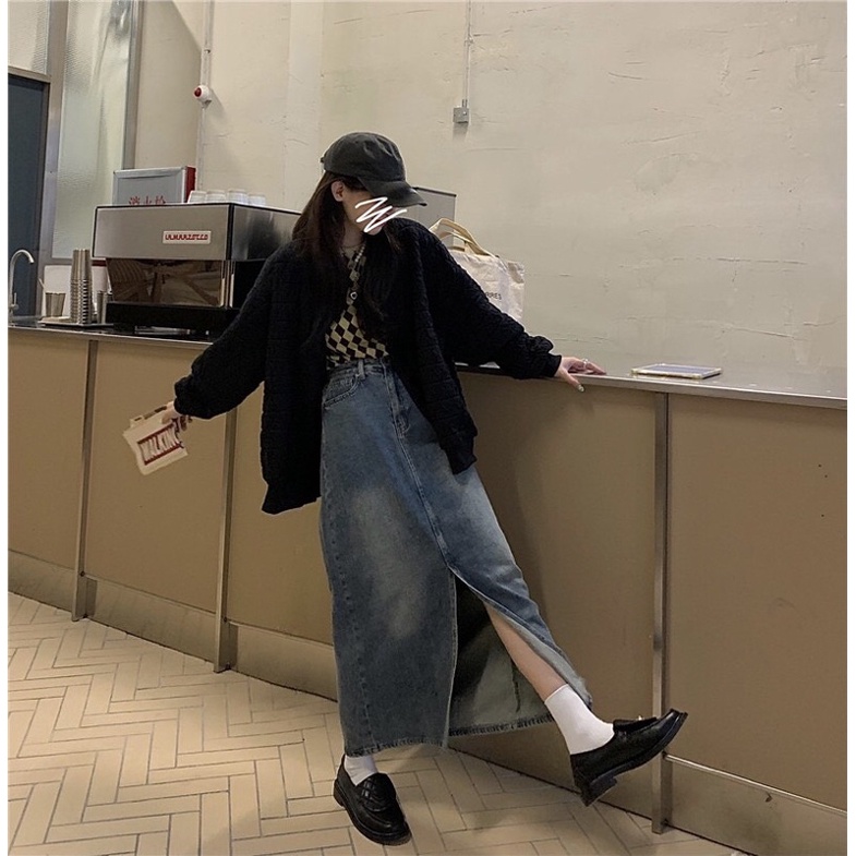 Chân váy jean xẻ retro mẫu mới 2021 dành cho nữ Peneeconcept