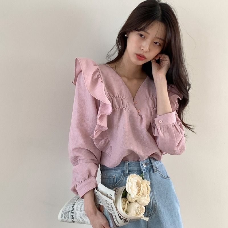 Áo Sơ Mi Tay Dài Cổ Chữ V Phong Cách Phương Tây Thanh Lịch Cho Nữ