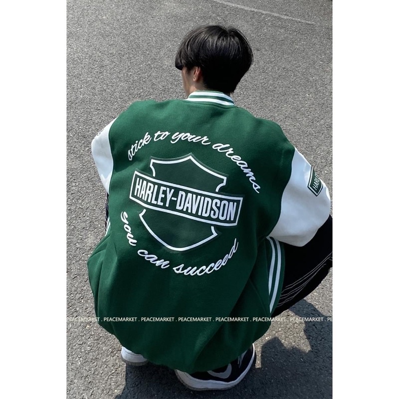 Áo khoác bomber jacket varsity nam nữ Harley Davidson màu xanh lá trần bông trần trám