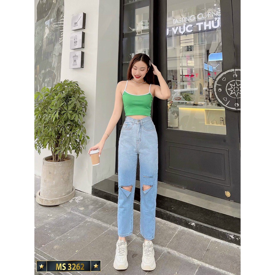 Quần baggy jean nữ cao cấp 💖FREESHIP💖 Quần Jean 9 tấc chất bò co giãn phối rách cá tính Lady Fashion - BG408