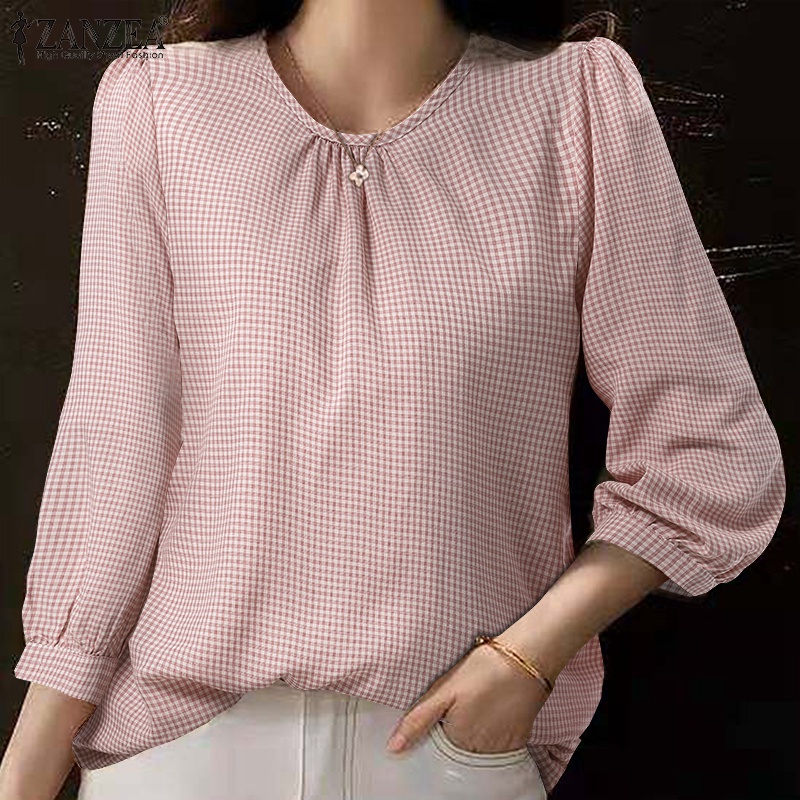 Áo kiểu ZANZEA cổ tròn tay áo 3/4 in họa tiết kẻ sọc caro dễ phối đồ kiểu dáng thanh lịch cho nữ