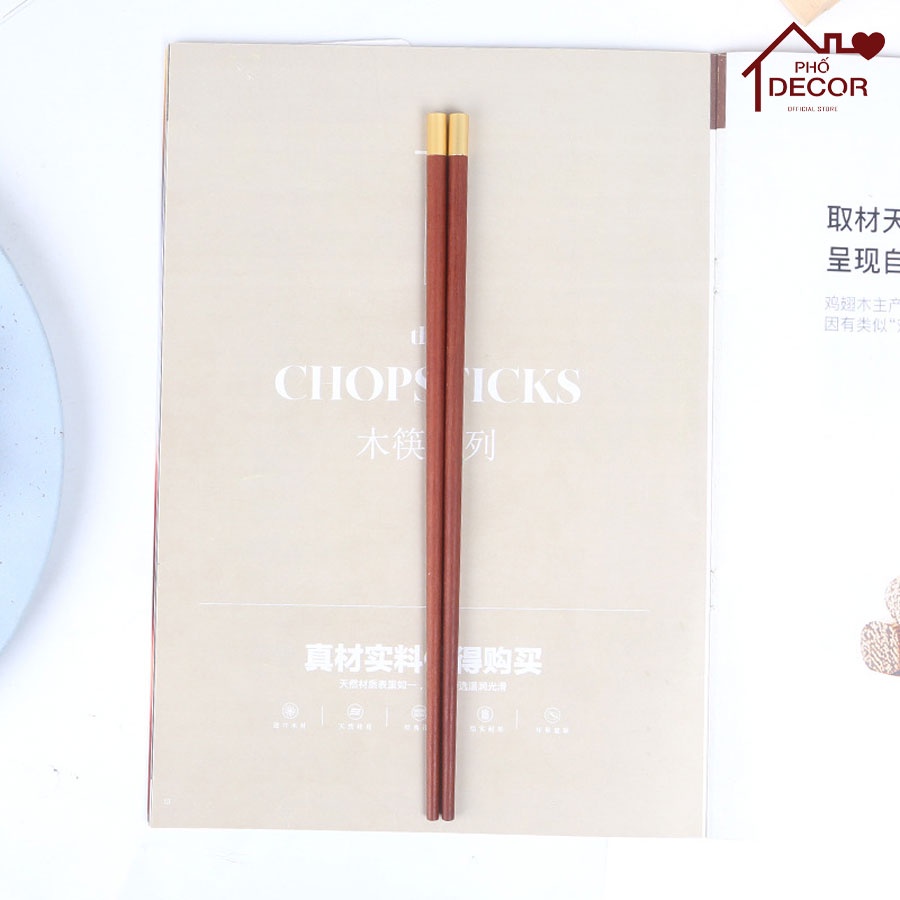Đũa Thương Hiệu Phố Decor - Đũa Gỗ Cánh Gà Không Chất Bảo Quản Bọc Đầu Kim Loại Cao Cấp
