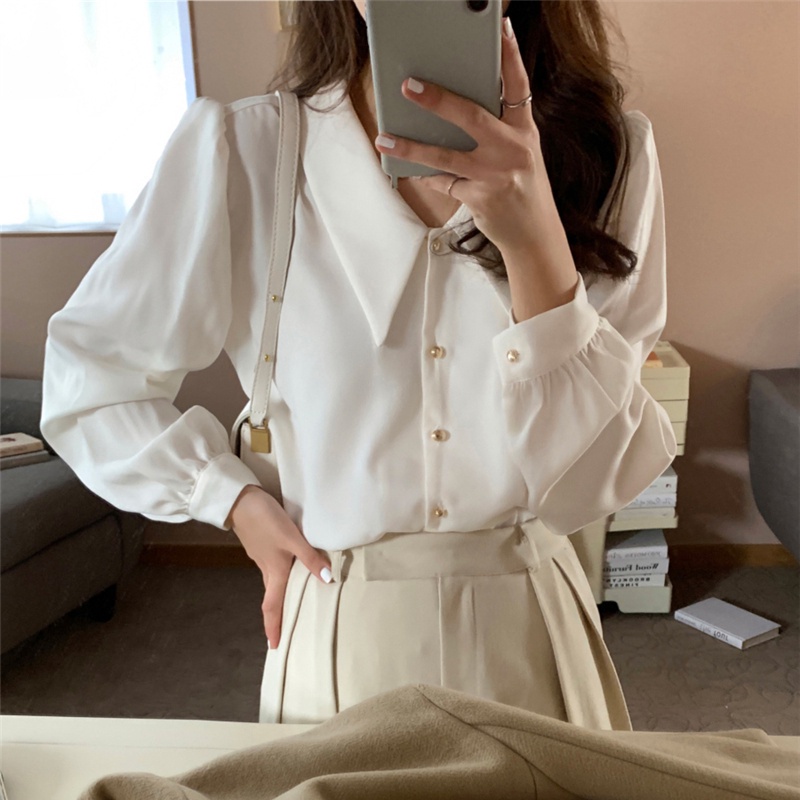 SUXI Áo sơ mi tay dài cổ chữ V màu sắc trẻ trung cho nữ