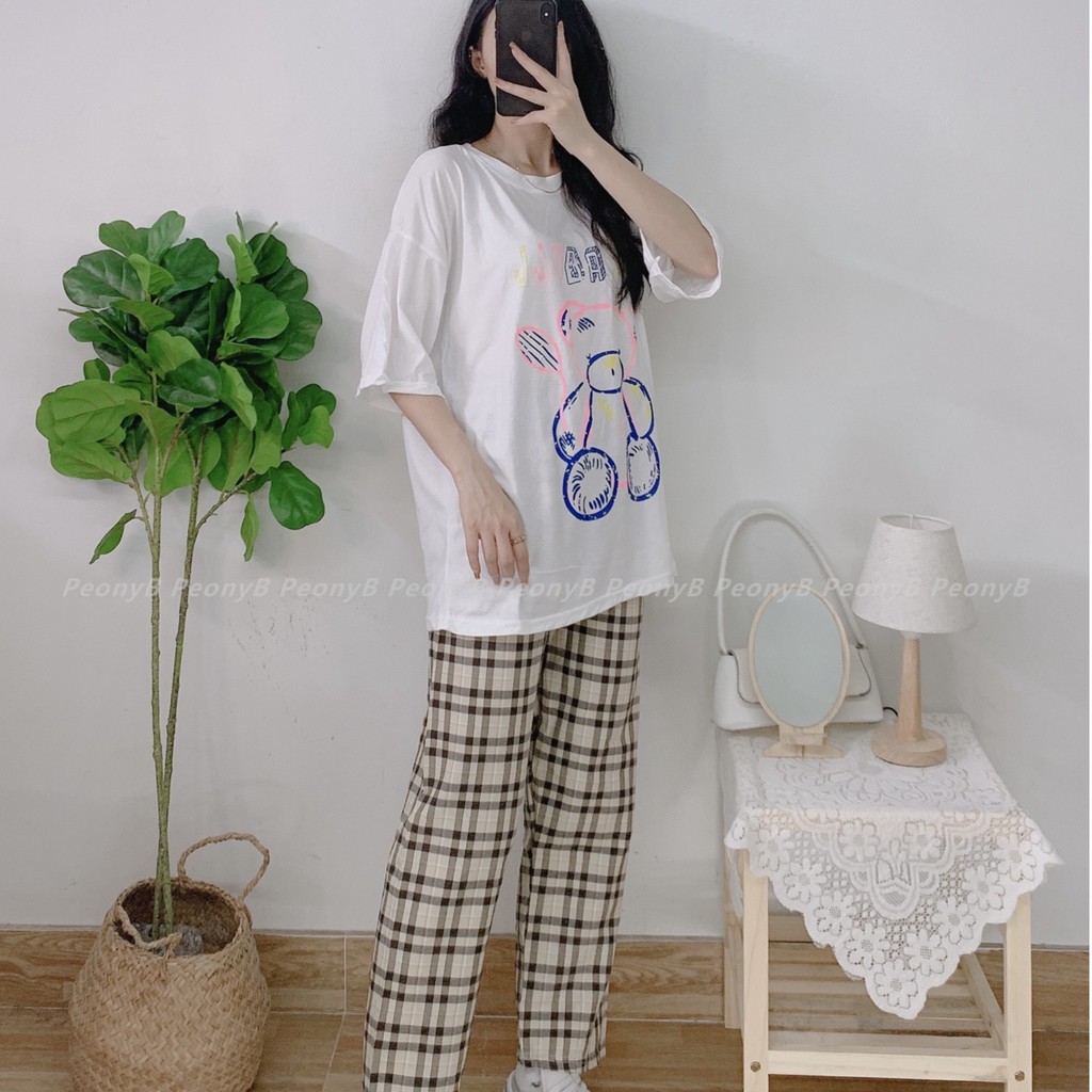 Set Culottes Gấu AIRB Nữ [FREESHIP] Bộ đồ quần suông ống rộng kẻ sọc kèm áo thun in hình teddy Ulzzang HOT