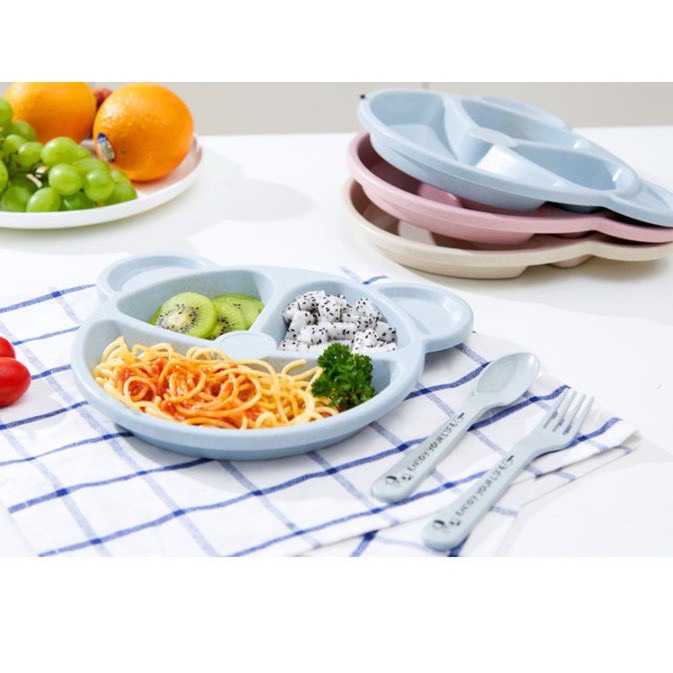 Khay ăn dặm, Khay gấu kèm thìa và dĩa, chất liệu lúa mạch an toàn cho bé