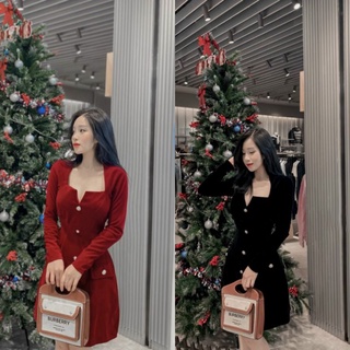 Đầm nhung nữ ms.0228 đầm thiết kế cổ vuông khoét đính cúc đồng dáng chữ a, chất liệu nhung cứng