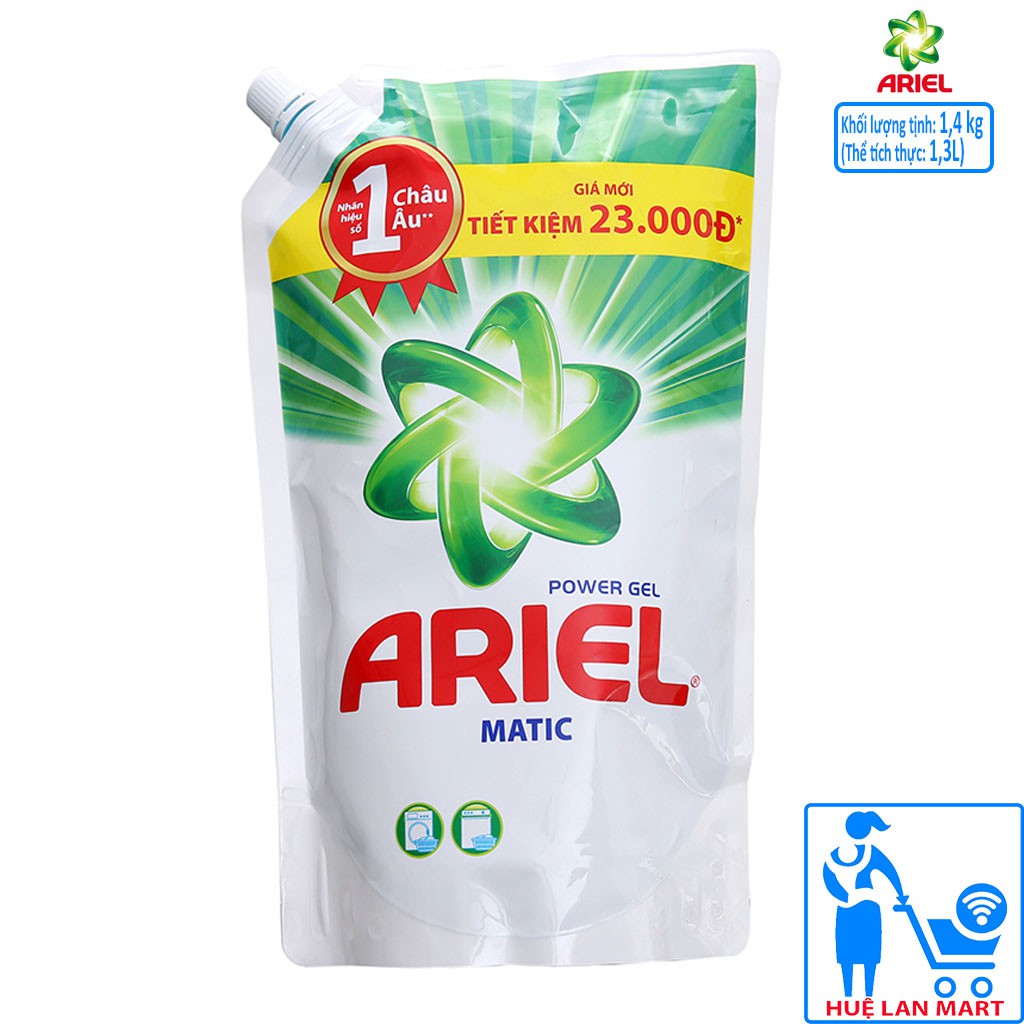 Nước Giặt Ariel Power Gel Matic Dạng Túi 1,4kg (Tẩy sạch vết bẩn tốt hơn gấp 2 lần)