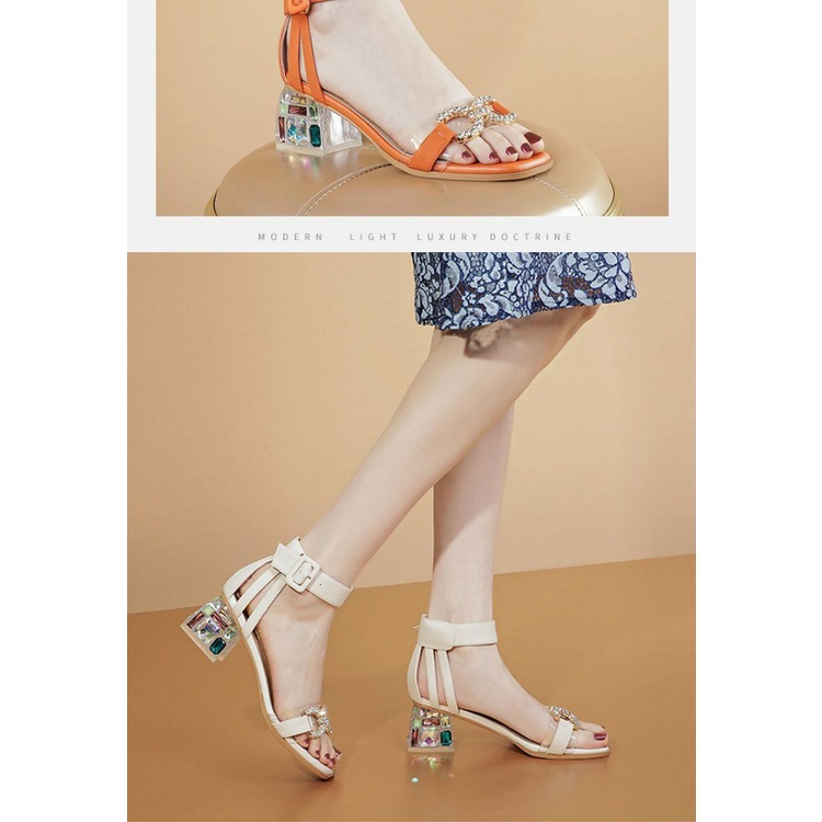Giày Sandal Cao Gót Hở Ngón Một Gót Dày Vừa Quai Đính Đá Phong Cách Thời Trang Mùa Hè Mới 2022 Dành Cho Bạn Nữ
