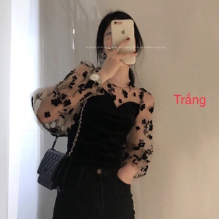 Áo nhung pha tay lưới hoa