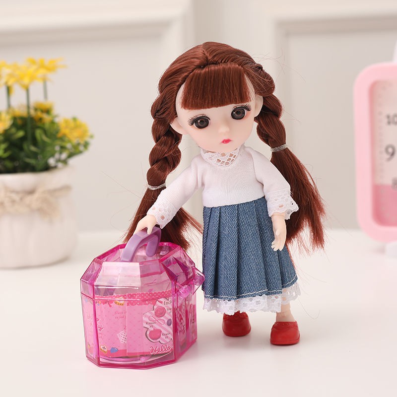 Búp bê Barbie nhỏ 17cm tinh xảo mắt thật 13 khớp chơi bộ đồ nhà