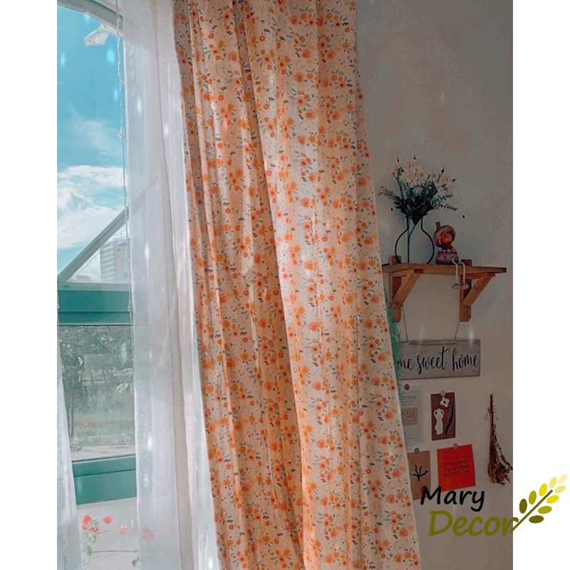 Rèm cửa đẹp trang trí vải bố linen đậm chất vintage - họa tiết Hoa nhí hồng vàng nhạt R-A08