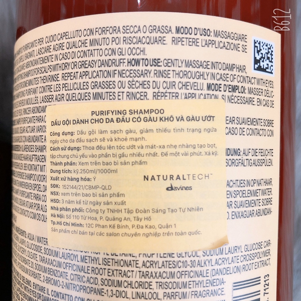 Dầu gội ngăn gàu cho tóc và da đầu DAVINES PURIFYING Shampoo