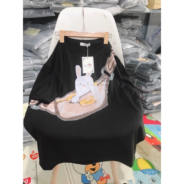 Áo thun cotton tay lỡ dáng rộng unisex túi thỏ đeo chéo freesize 38-65kg