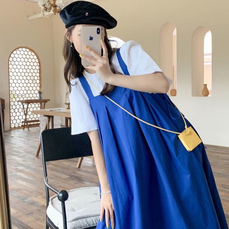 Set Đầm Yếm Màu Xanh Dương Phong Cách Pháp Thời Trang Mùa Hè Mới Cho Nữ