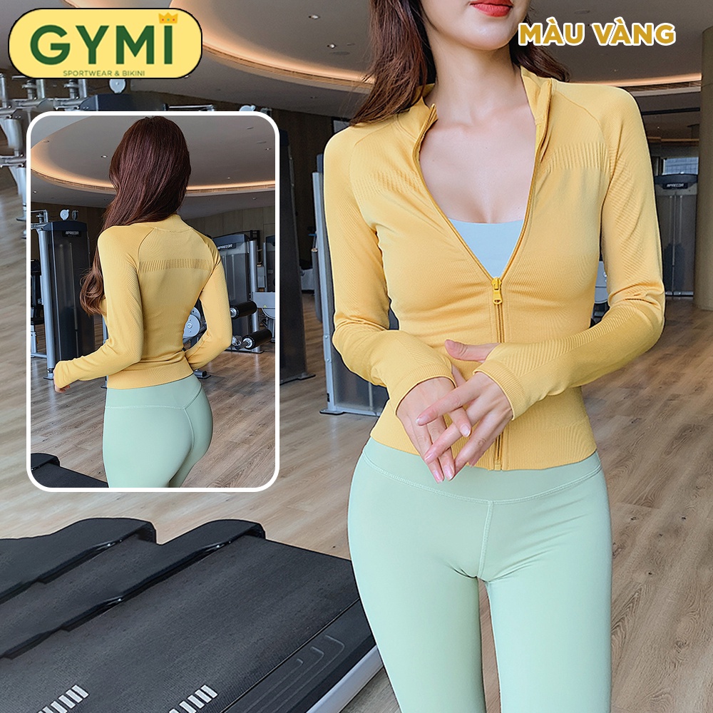 Áo khoác tập gym yoga nữ GYMI AK08 dáng croptop thể thao chất dệt kim co giãn thoáng khí chống nắng