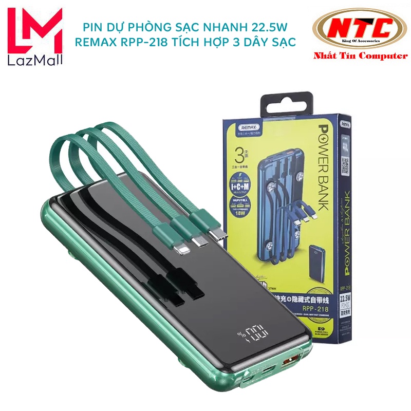 Pin dự phòng sạc nhanh Remax RPP-218 dung lượng 10000mAh QC và PD 22.5W - tích hợp 3 dây sạc thông dụng (2 màu tuỳ chọn)