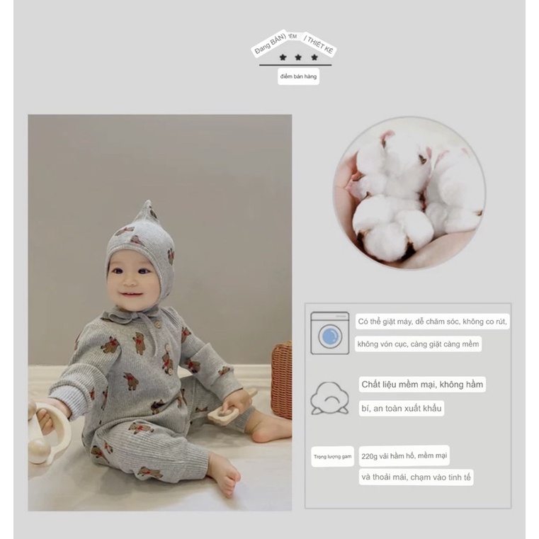 Bodysuit Dài Tay Kèm Mũ Cotton Sơ Sinh Quảng Châu Cao Cấp Cho Bé 0-12 Tháng Tuổi. Style Gấu Hàn Quốc Cực Đẹp Mẫu Mới
