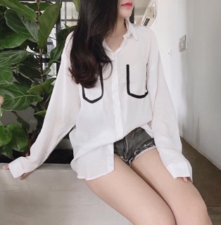 Áo sơ mi oversize phối viền túi giả