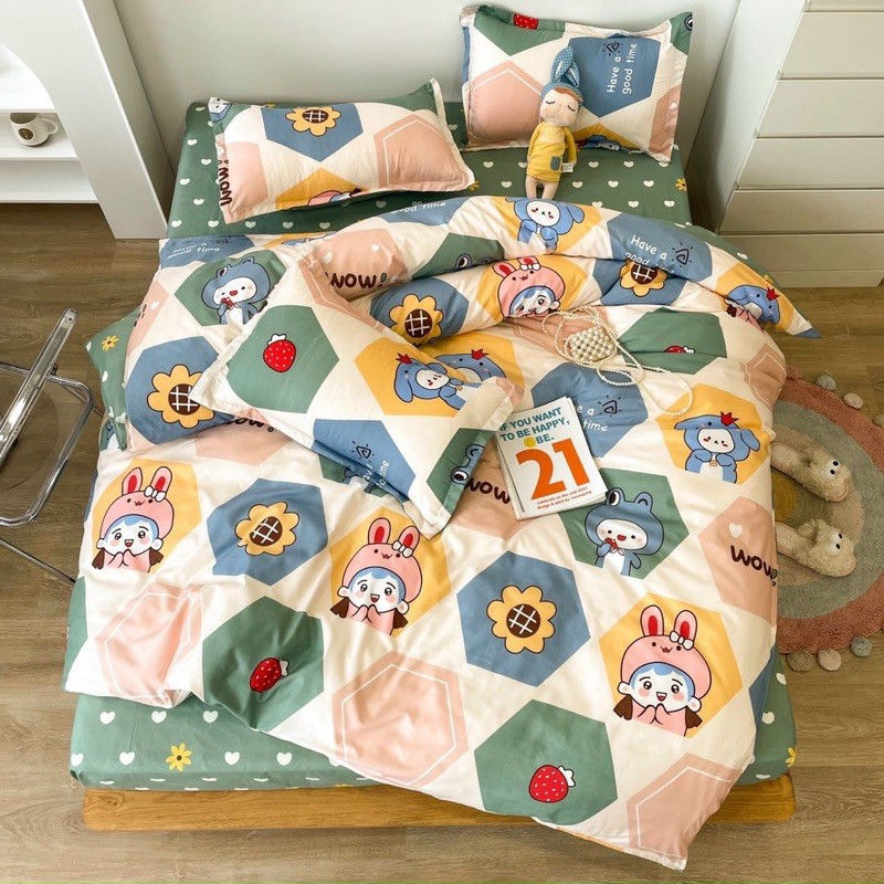 Bộ Drap & Chăn Phao Cotton Poly Cô Gái Lục Giác