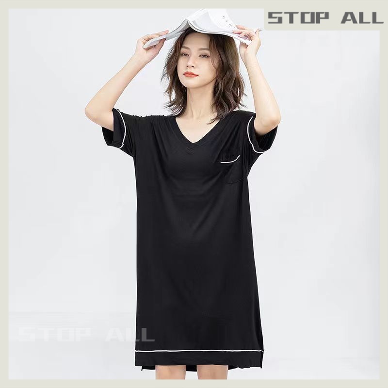 Đầm Ngủ Vải Lụa Lạnh Mỏng Dáng Rộng Cổ Chữ V Có Đệm Ngực Thời Trang Mùa Hè Cho Mẹ Bầu Có Size Lớn 100kg