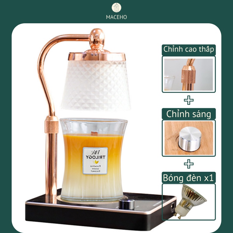 Đèn đốt nến thơm MACEHO - Chụp thủy tinh  -Chỉnh chiều cao, độ sáng- Dùng cho các loại nến thơm