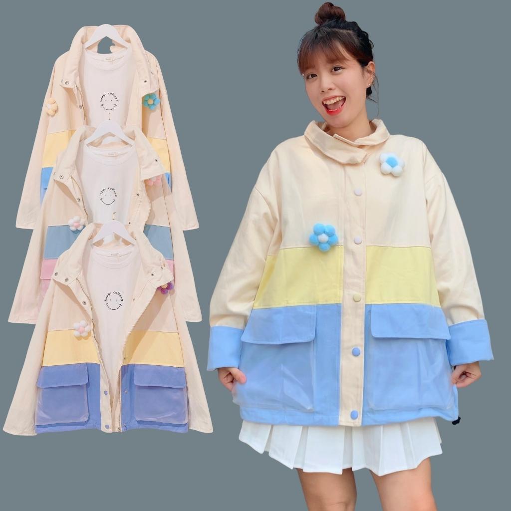 Áo khoác kaki - Xàm Xí Shop phối màu tím đính hoa - khoác dây kéo có cổ thời trang - Mã 1001 - Shop Xàm Xí