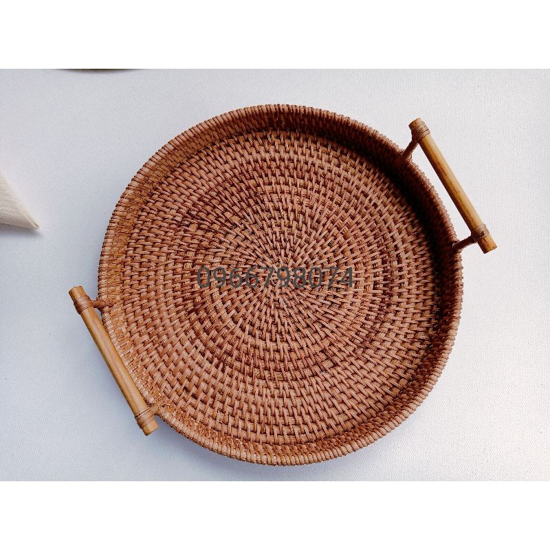 Khay mây tự nhiên, khay guột hình tròn nhiều kích thước có tay cầm hai bên dùng đựng đồ ăn, đồ uống