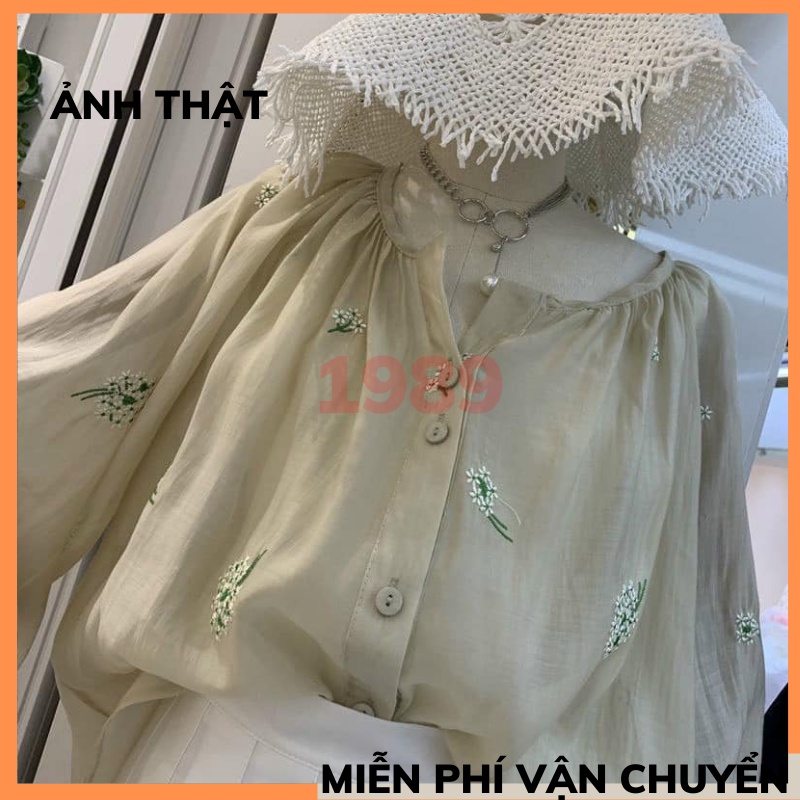 Áo babydoll dáng rộng thêu hoa tay bồng ẢNH THẬT chất đũi mềm min thoáng mát ULZZANG hàn quốc THỜI TRANG 1989